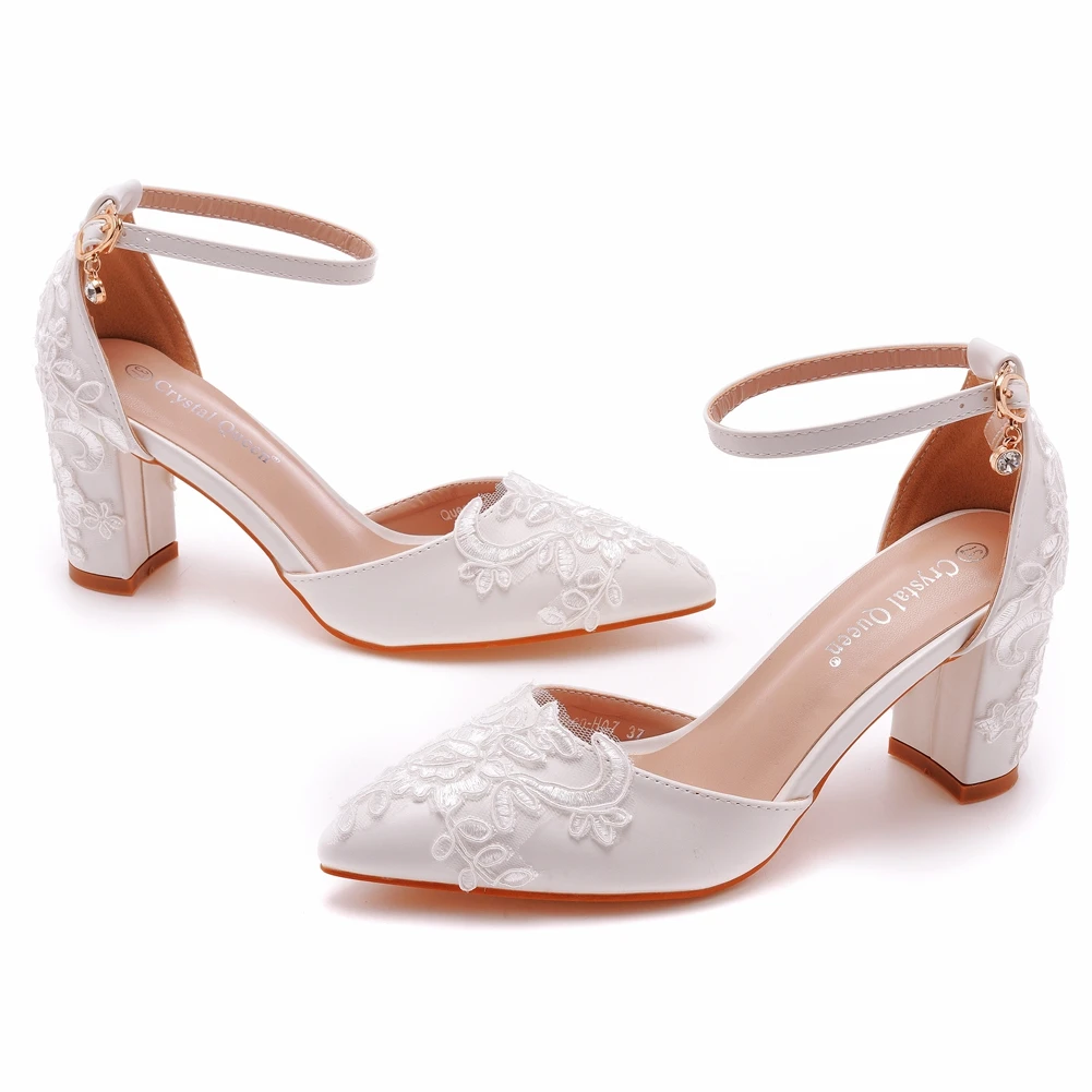 White Lace Thick Flower High Heels With Low Mouth Buckle 7CM Wedding Shoes