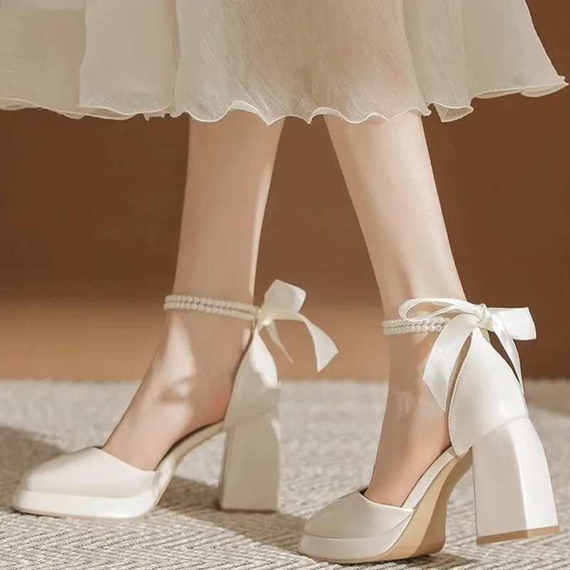 Sweet Back Butterfly-Knot Thick Block High Heels Platform Wedding Shoes