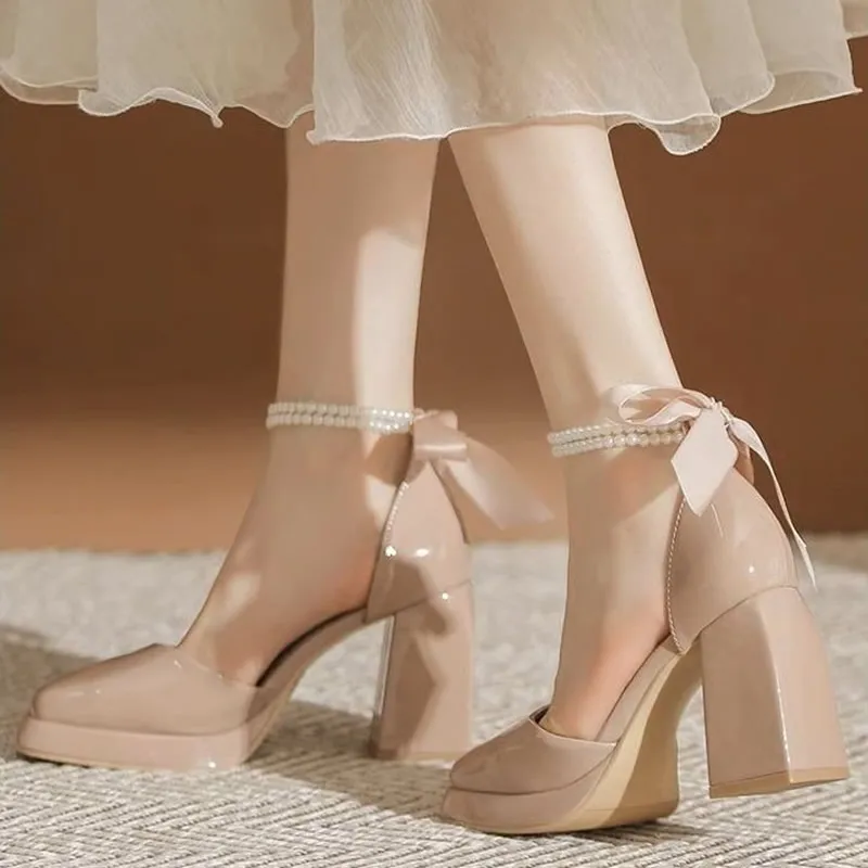 Sweet Back Butterfly-Knot Thick Block High Heels Platform Wedding Shoes