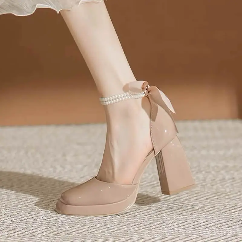 Sweet Back Butterfly-Knot Thick Block High Heels Platform Wedding Shoes