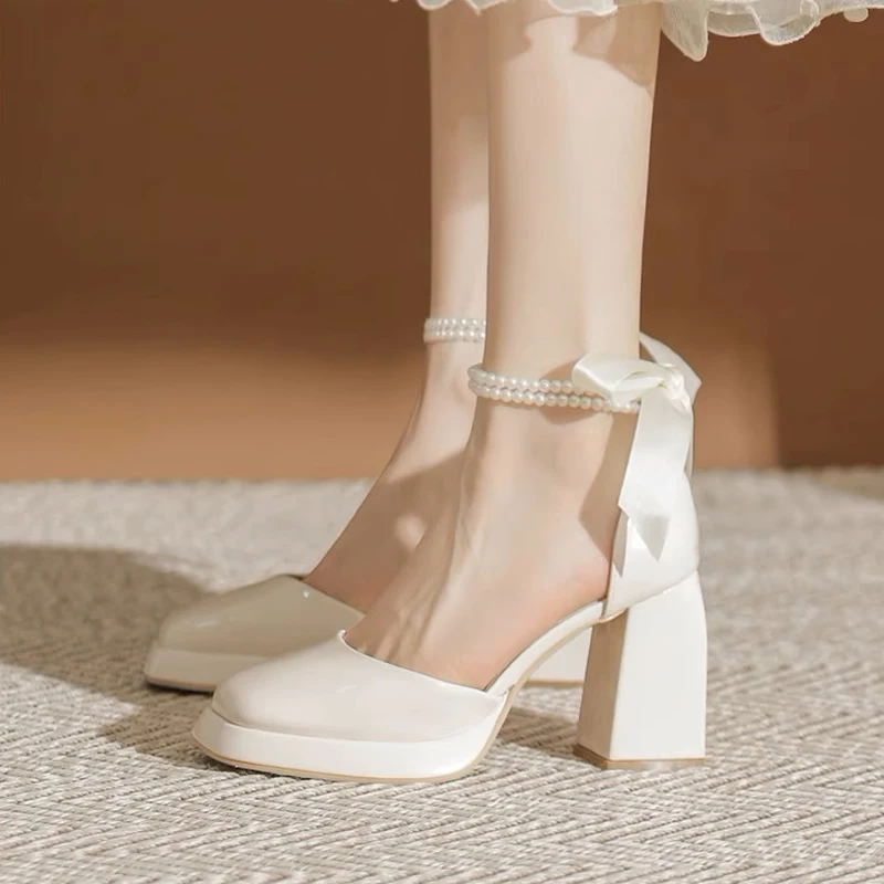 Sweet Back Butterfly-Knot Thick Block High Heels Platform Wedding Shoes