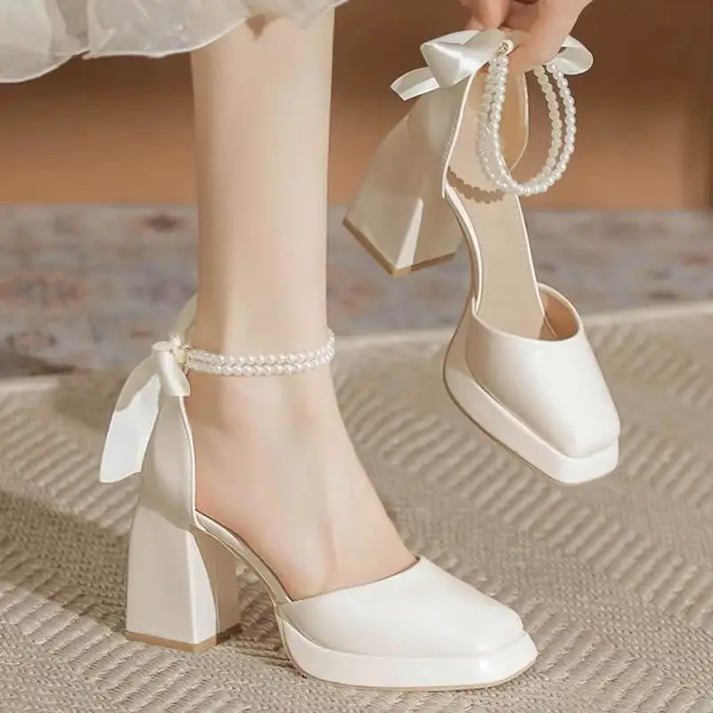 Sweet Back Butterfly-Knot Thick Block High Heels Platform Wedding Shoes