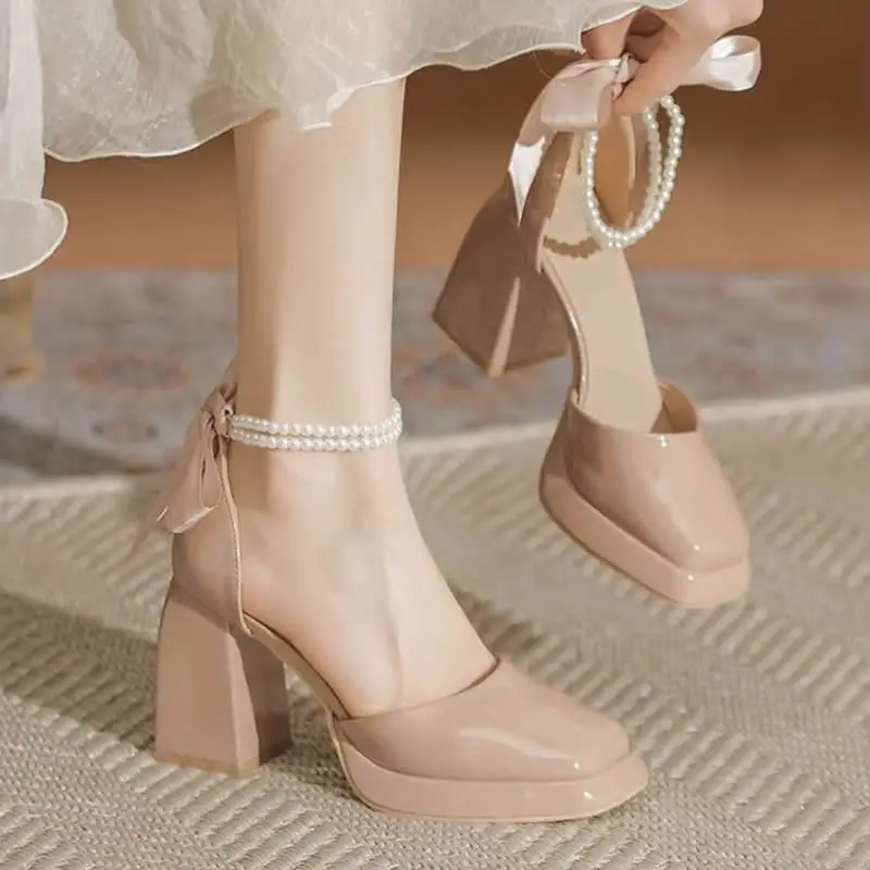 Sweet Back Butterfly-Knot Thick Block High Heels Platform Wedding Shoes