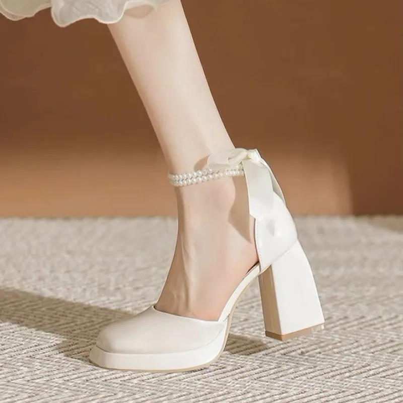 Sweet Back Butterfly-Knot Thick Block High Heels Platform Wedding Shoes