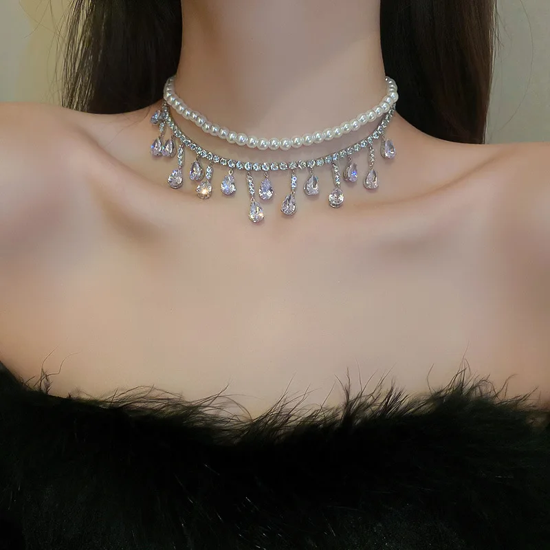 Multilayer Imitation Pearl Chain Crystal Choker Necklace Wedding Jewelry