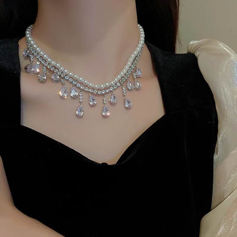 Multilayer Imitation Pearl Chain Crystal Choker Necklace Wedding Jewelry