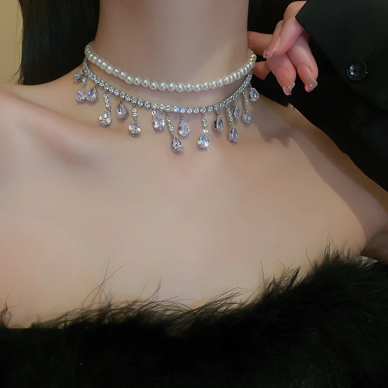 Multilayer Imitation Pearl Chain Crystal Choker Necklace Wedding Jewelry