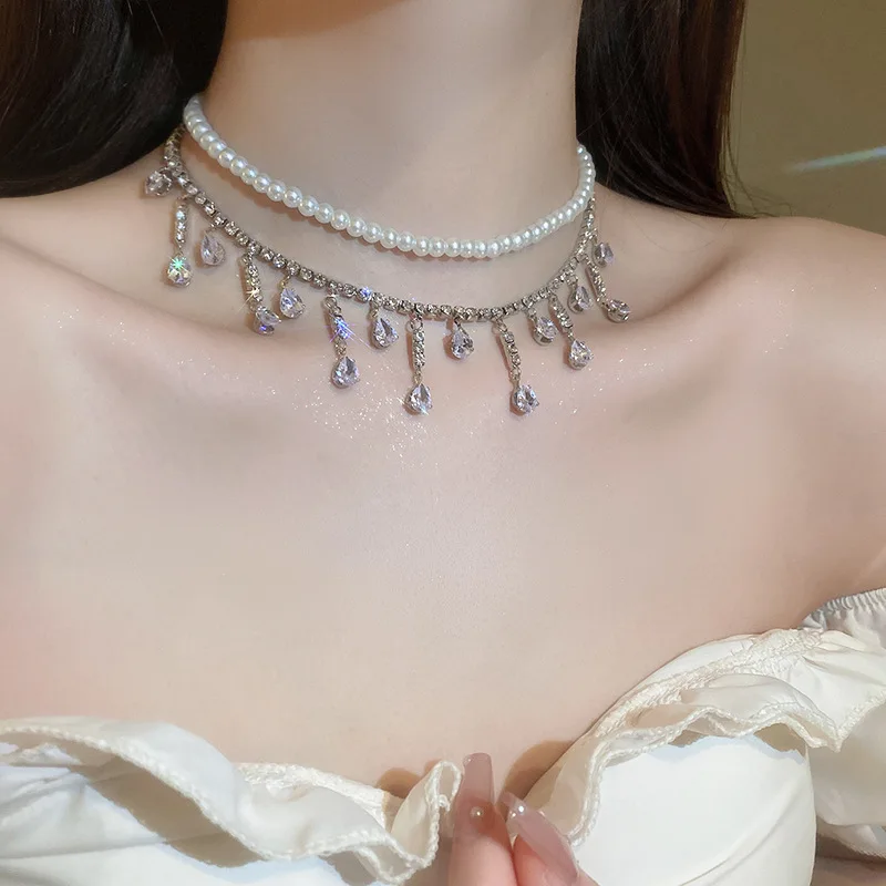 Multilayer Imitation Pearl Chain Crystal Choker Necklace Wedding Jewelry