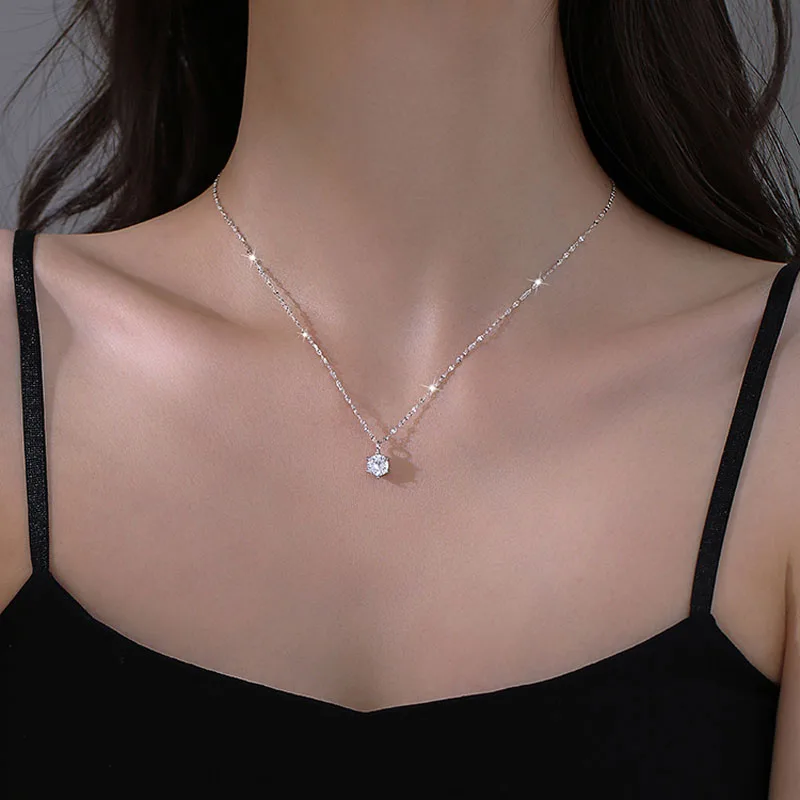 Silver Plated Single Sparkling Zircon Clavicle Chain Necklace Wedding Jewelry