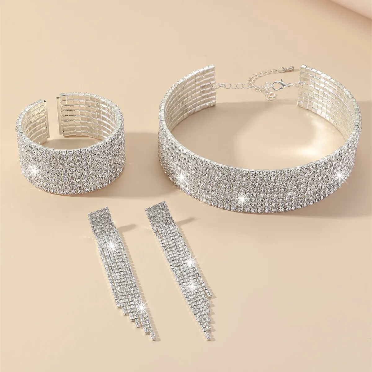 3 Pcs Set Rhinestone Tassel Choker Necklace Fringe Bracelet Dangling Earring Wedding Bridal Party Jewelry