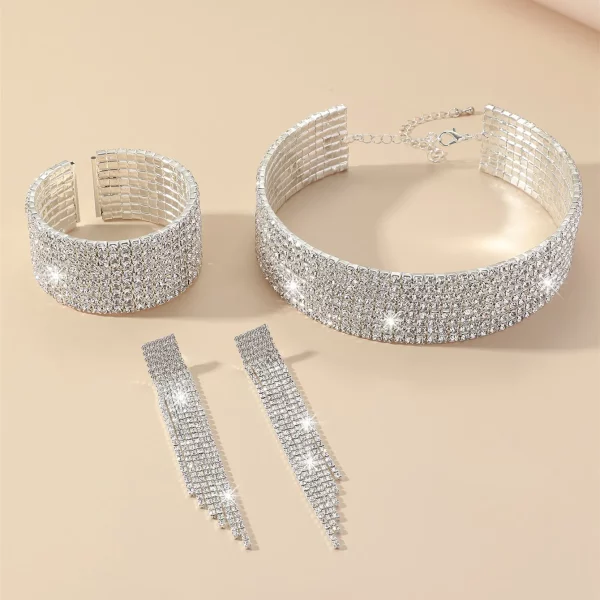 3 Pcs Set Rhinestone Tassel Choker Necklace Fringe Bracelet Dangling Earring Wedding Bridal Party Jewelry