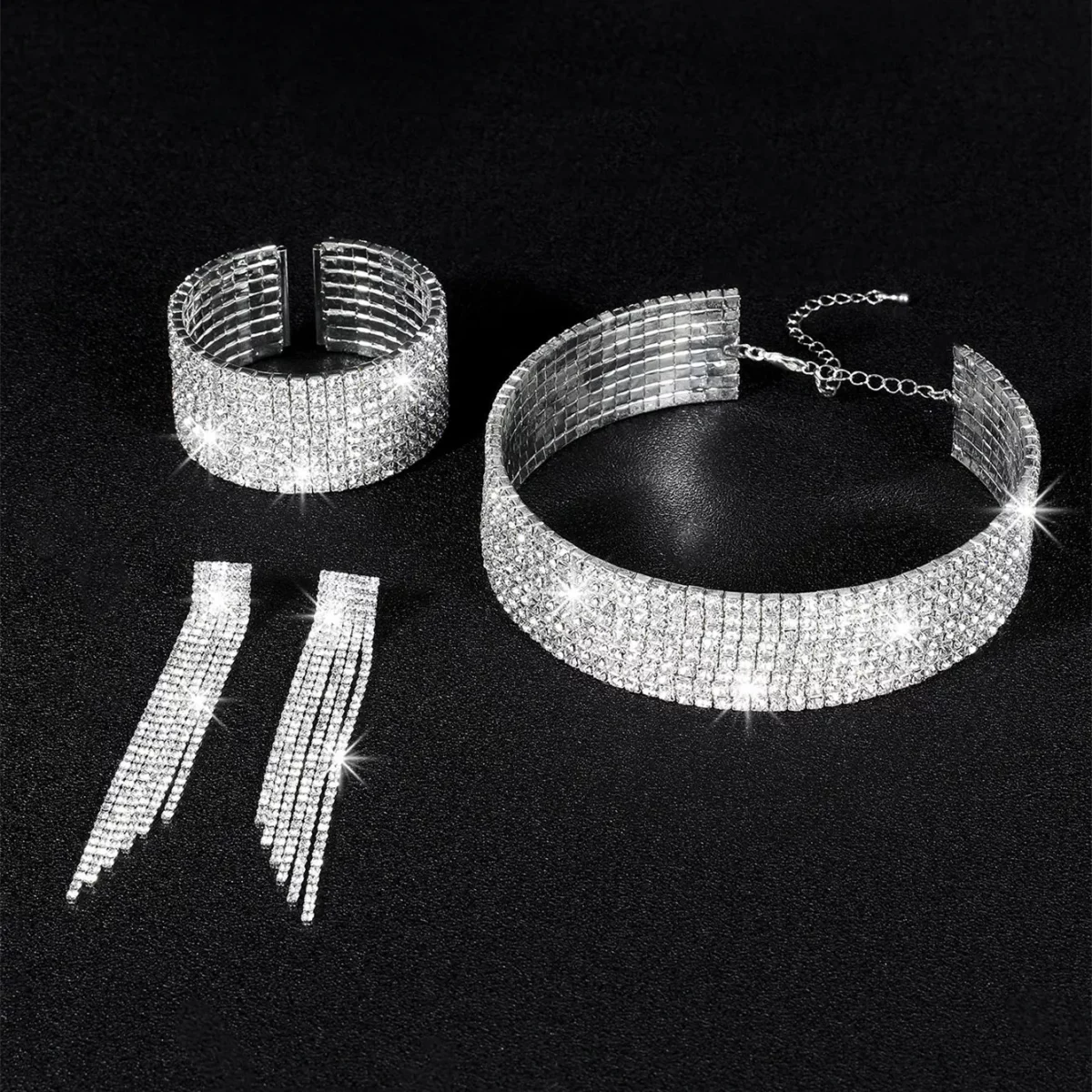 3 Pcs Set Rhinestone Tassel Choker Necklace Fringe Bracelet Dangling Earring Wedding Bridal Party Jewelry