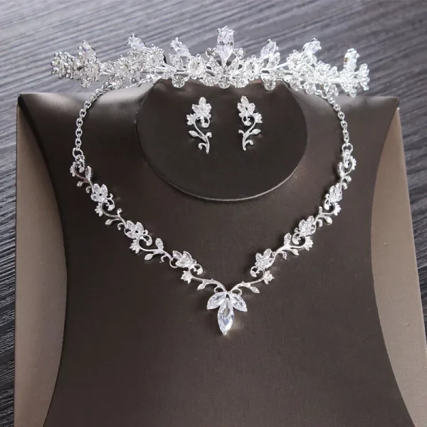 Cubic Zircon Leaves Rhinestone Diadem Tiaras Crown Choker Necklace Earrings Wedding Jewelry Set