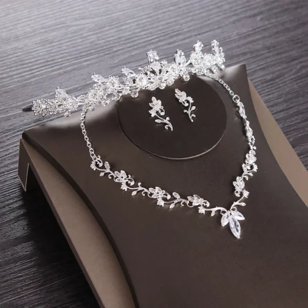 Cubic Zircon Leaves Rhinestone Diadem Tiaras Crown Choker Necklace Earrings Wedding Jewelry Set