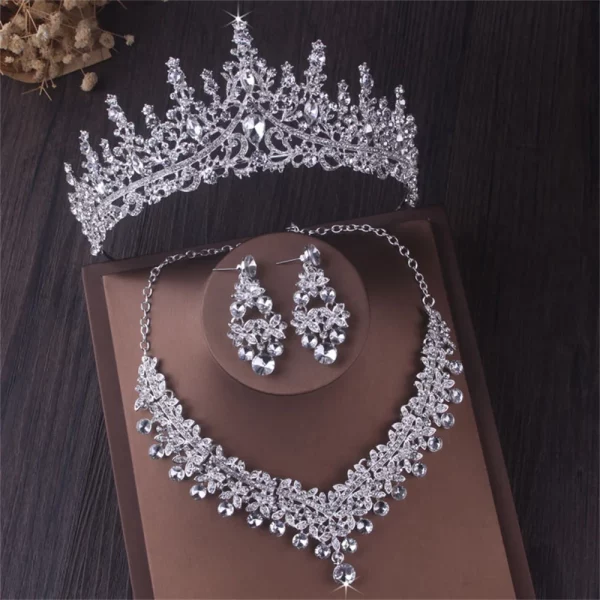 Silver Crystal Choker Necklace Water Drop Earrings Tiara Wedding Jewelry Set