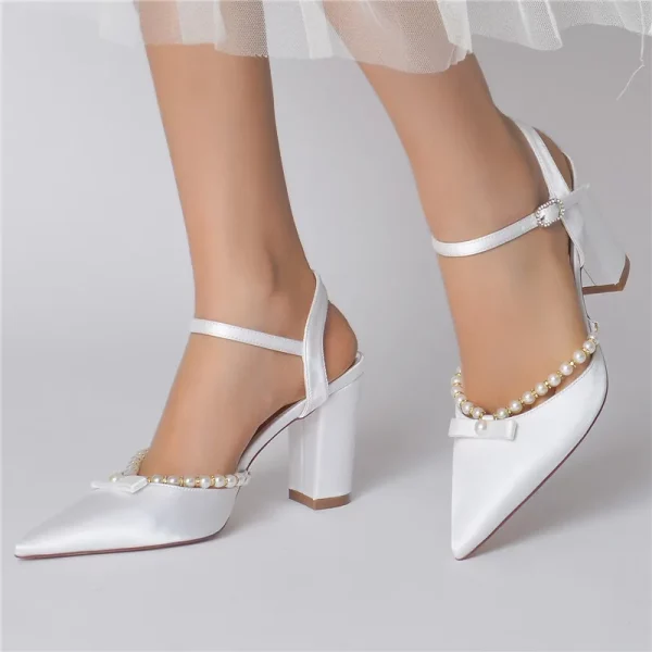 Satin Pearls Block Heel Pointed Toe Buckle Strap Sandals Wedding Shoes