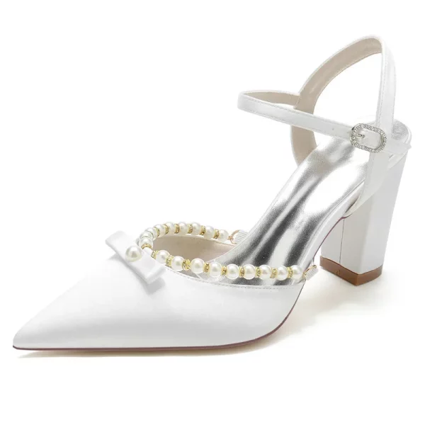 Satin Pearls Block Heel Pointed Toe Buckle Strap Sandals Wedding Shoes