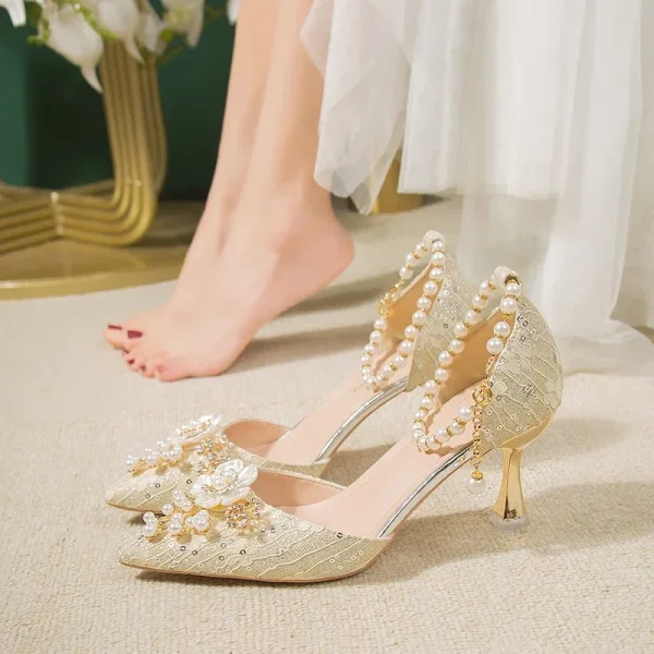 White Lace Beaded Tassel Stiletto Bridal Wedding Shoes