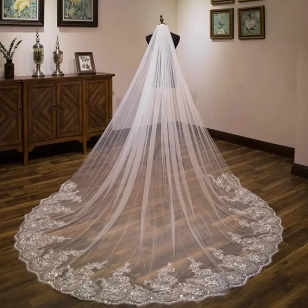 White Ivory Lace Appliques Long Cathedral Bridal Veil