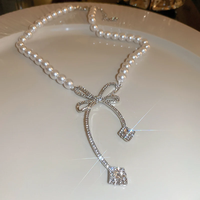 Pearl Rhinestone Bow Necklace Wedding Jewelry