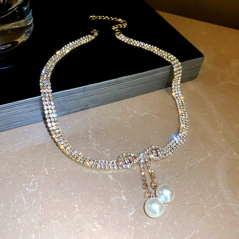 Pearl Rhinestone Bow Necklace Wedding Jewelry