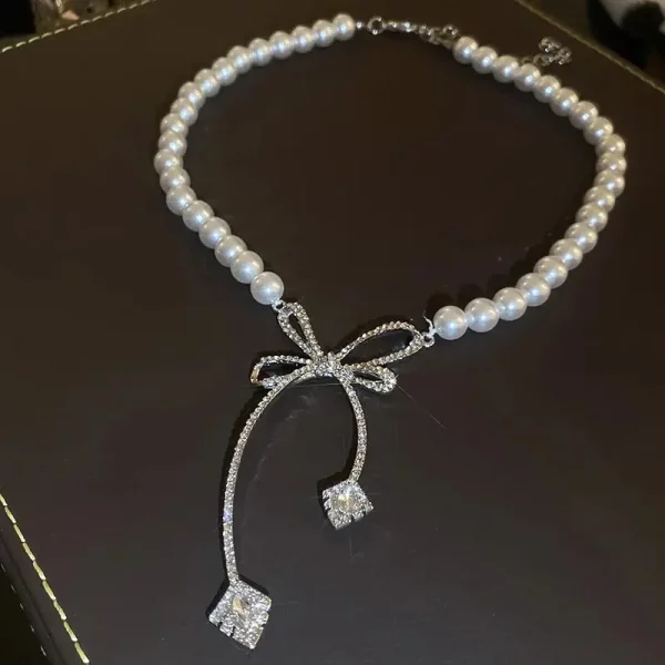 Pearl Rhinestone Bow Necklace Wedding Jewelry