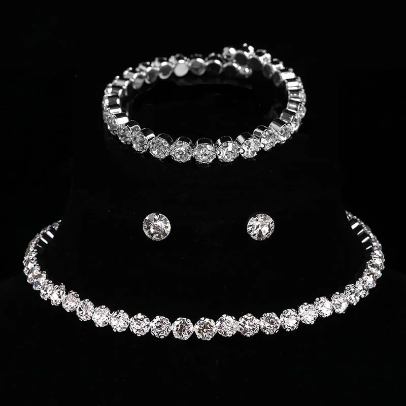 Crystal Rhinestone Zircon Chain Necklace Dangle Earrings Bride Jewelry Set