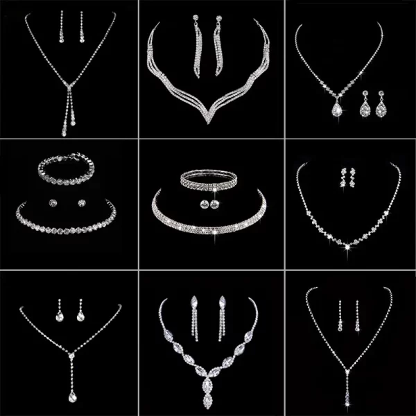 Crystal Rhinestone Zircon Chain Necklace Dangle Earrings Bride Jewelry Set