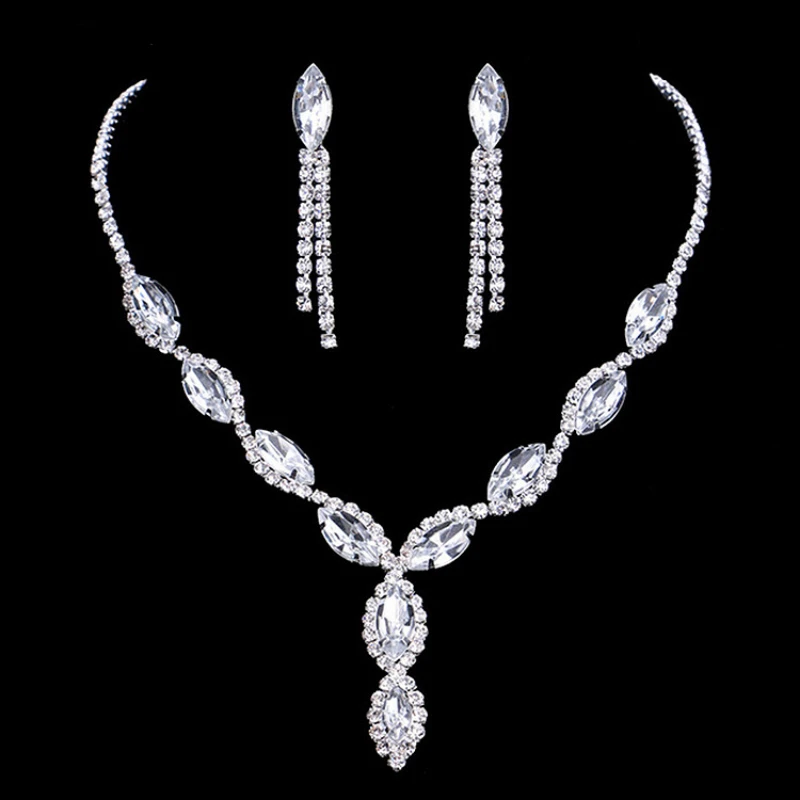 Crystal Rhinestone Zircon Chain Necklace Dangle Earrings Bride Jewelry Set