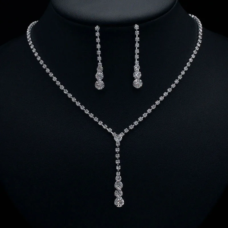 Crystal Rhinestone Zircon Chain Necklace Dangle Earrings Bride Jewelry Set