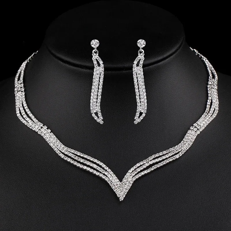 Crystal Rhinestone Zircon Chain Necklace Dangle Earrings Bride Jewelry Set