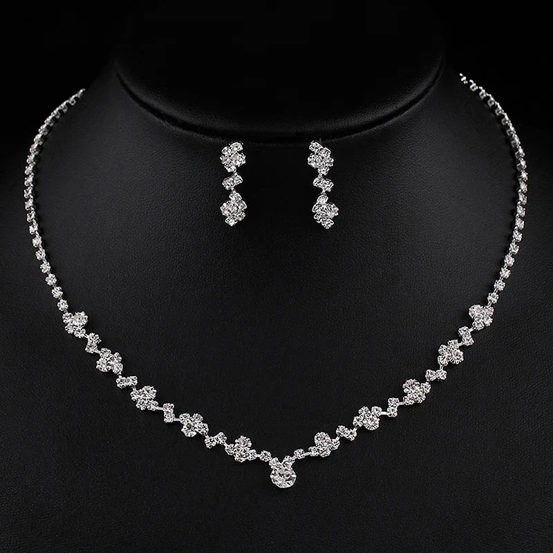 Crystal Rhinestone Zircon Chain Necklace Dangle Earrings Bride Jewelry Set