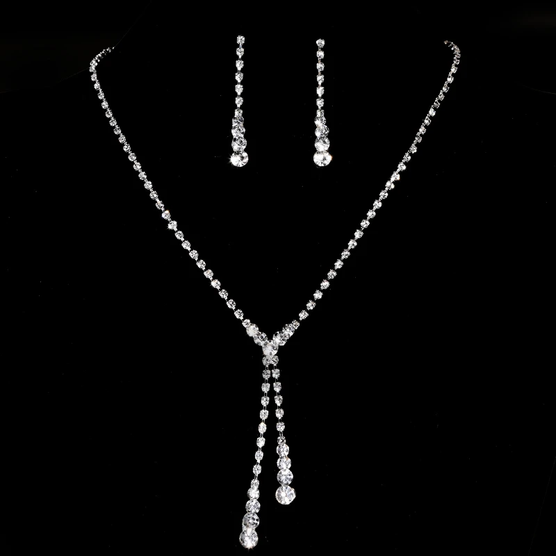 Crystal Rhinestone Zircon Chain Necklace Dangle Earrings Bride Jewelry Set