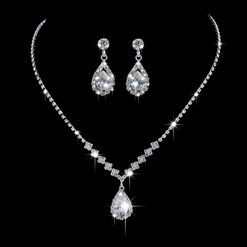 Crystal Rhinestone Zircon Chain Necklace Dangle Earrings Bride Jewelry Set