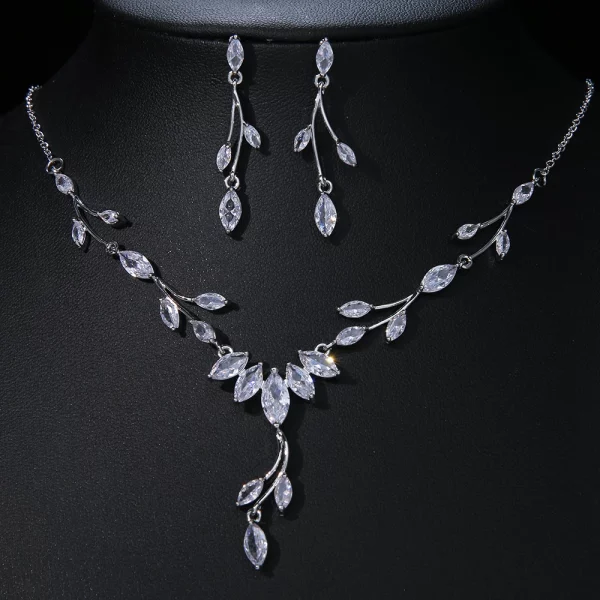 Elegant Clear Cubic Zirconia Silver Necklace Earrings Wedding Jewelry Set