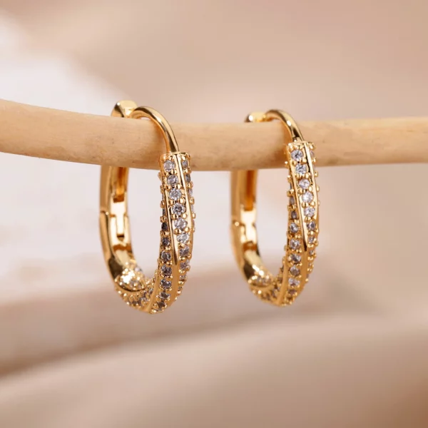 Zircon Gold Color Round Hoops Earrings Wedding Jewelry