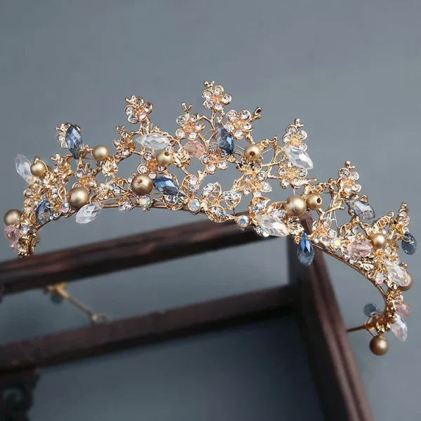 Gold Crystal Pearl Crown Tiara Wedding Hair Jewelry