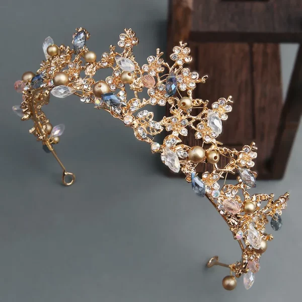 Gold Crystal Pearl Crown Tiara Wedding Hair Jewelry