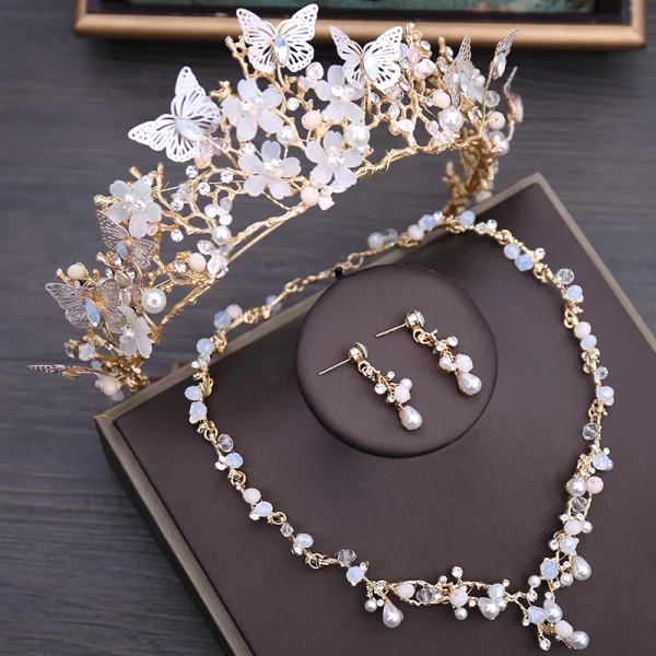 Crystal Beads Pearl Butterfly Floral Rhinestone Choker Necklace Earrings Tiara Wedding Jewelry Set