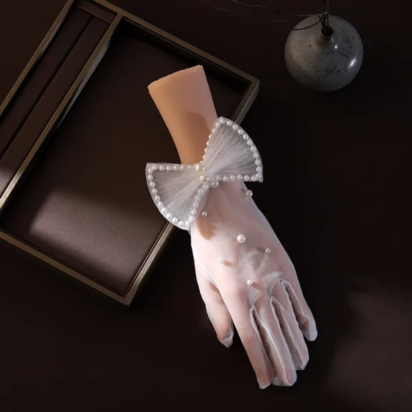 White Lace Bow Pearl Short Gloves Bride Accessories