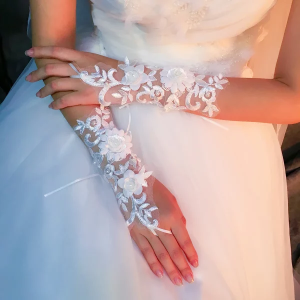 Fingerless Lace Embroidery Pearls Bridal Wedding Gloves