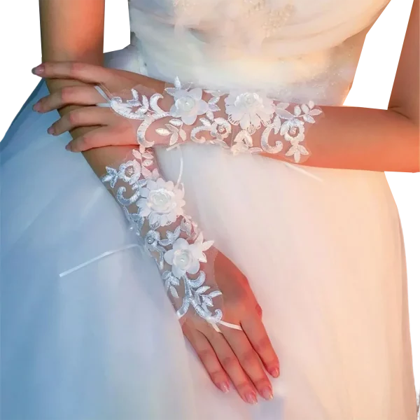 Fingerless Lace Embroidery Pearls Bridal Wedding Gloves