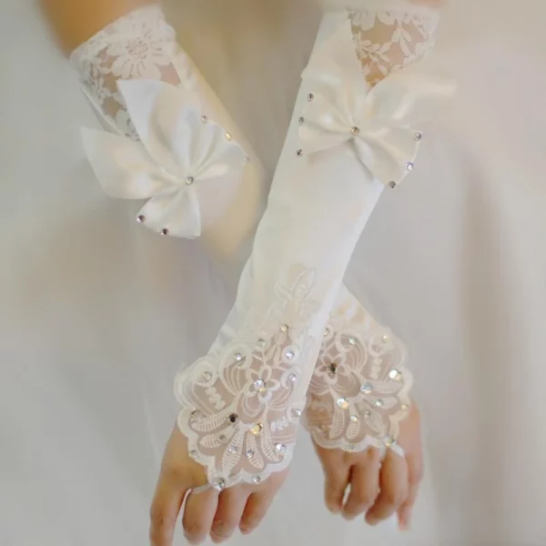 Ivory Satin Beads Lace Bow Long Wedding Gloves