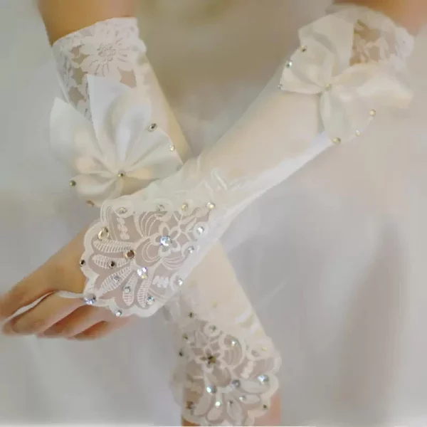 Ivory Satin Beads Lace Bow Long Wedding Gloves