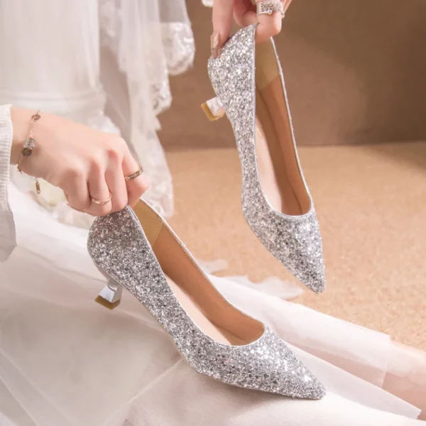 Gold Silver Slip-On Thin Heels Pointed Toe Shiny Bling Sequin Wedding Shoes