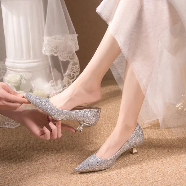 Gold Silver Slip-On Thin Heels Pointed Toe Shiny Bling Sequin Wedding Shoes