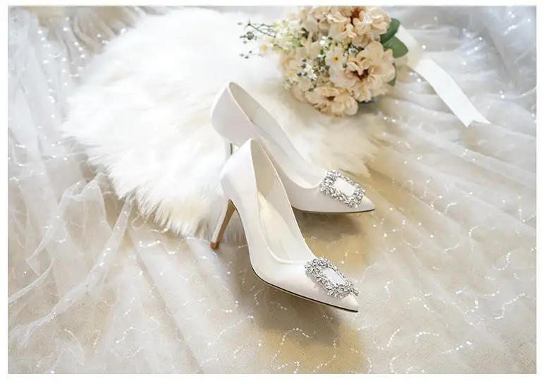 7cm Shallow Mount Pearl With Beaded Sexy High Heels Satin Wedding Shoes