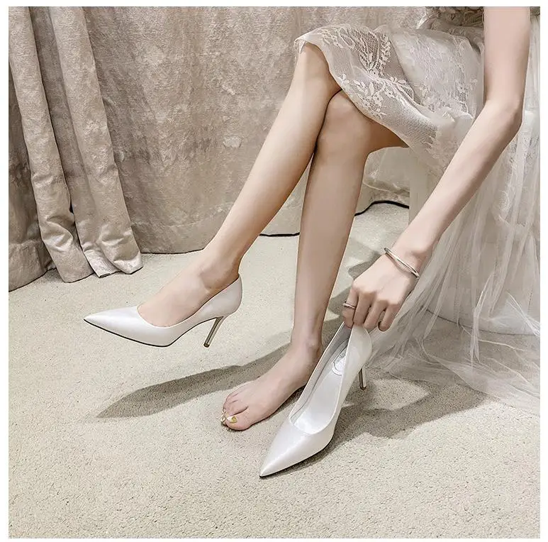 7cm Shallow Mount Pearl With Beaded Sexy High Heels Satin Wedding Shoes