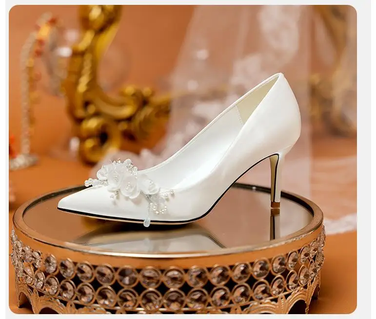 7cm Shallow Mount Pearl With Beaded Sexy High Heels Satin Wedding Shoes