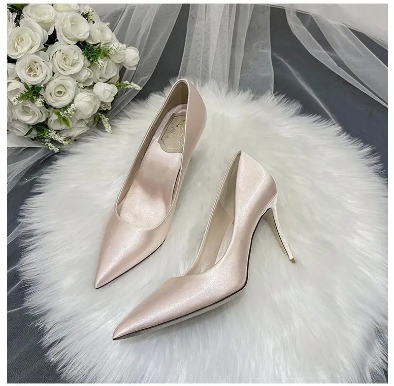 7cm Shallow Mount Pearl With Beaded Sexy High Heels Satin Wedding Shoes